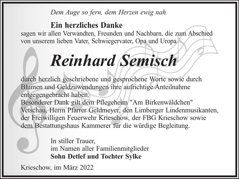 Danksagung Reinhard Semisch