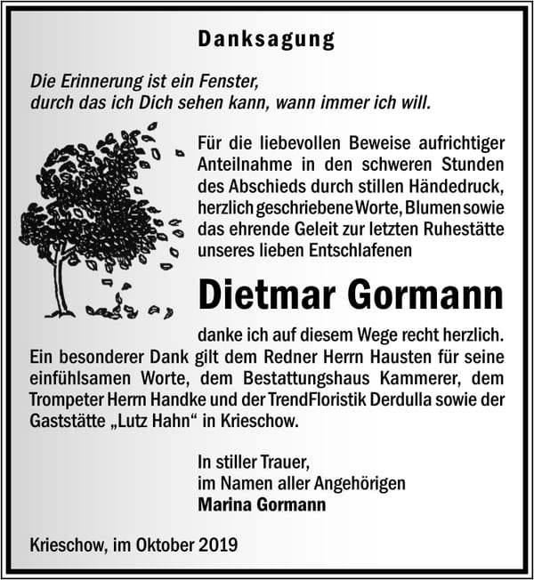 Danksagung Dietmar Gormann