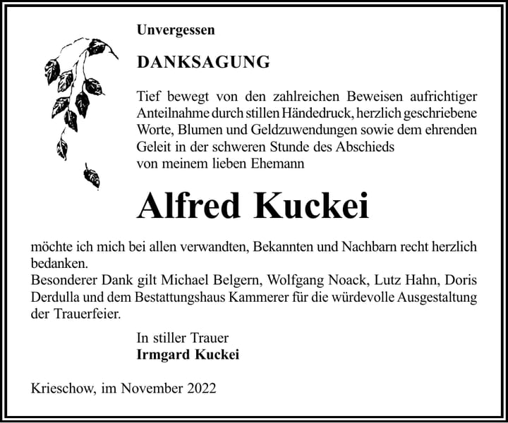 Danksagung Alfred Kuckei