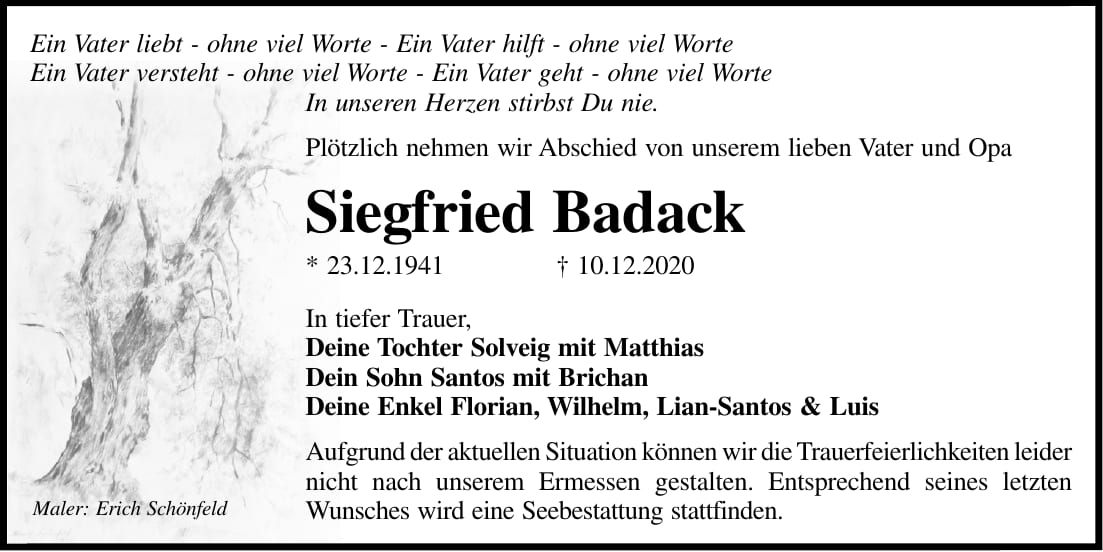Traueranzeige Siegfried Badack