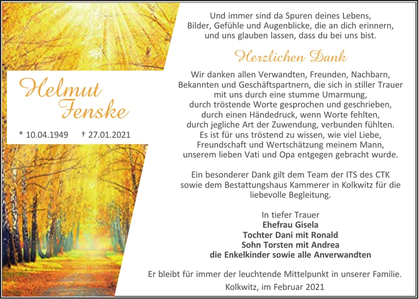 Danksagung Helmut Fenske