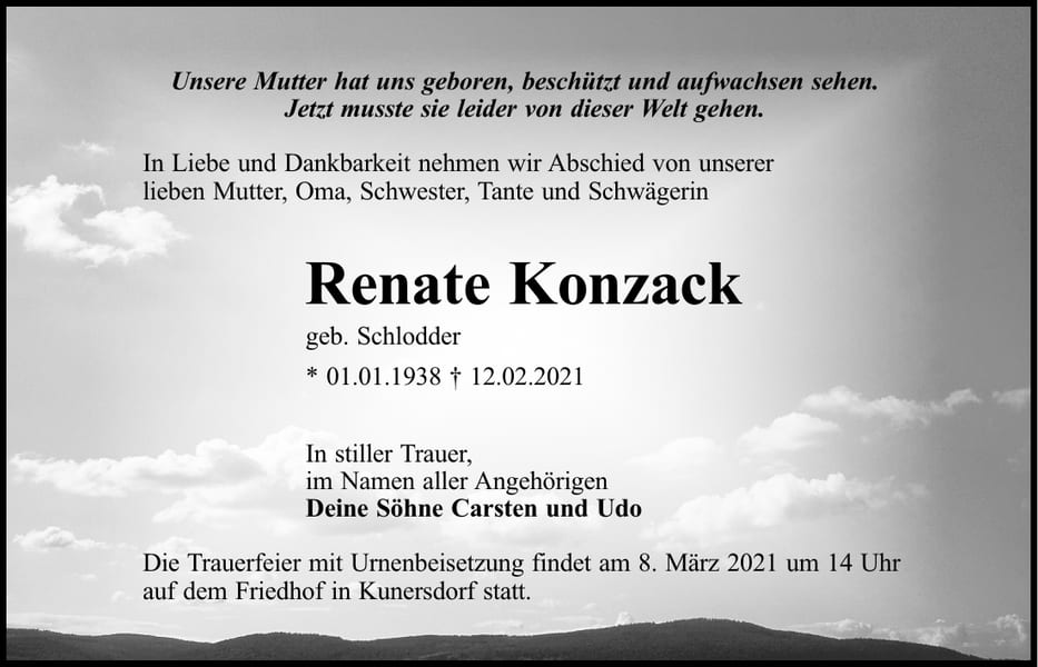 Traueranzeige Renate Konzack, geb. Schlodder