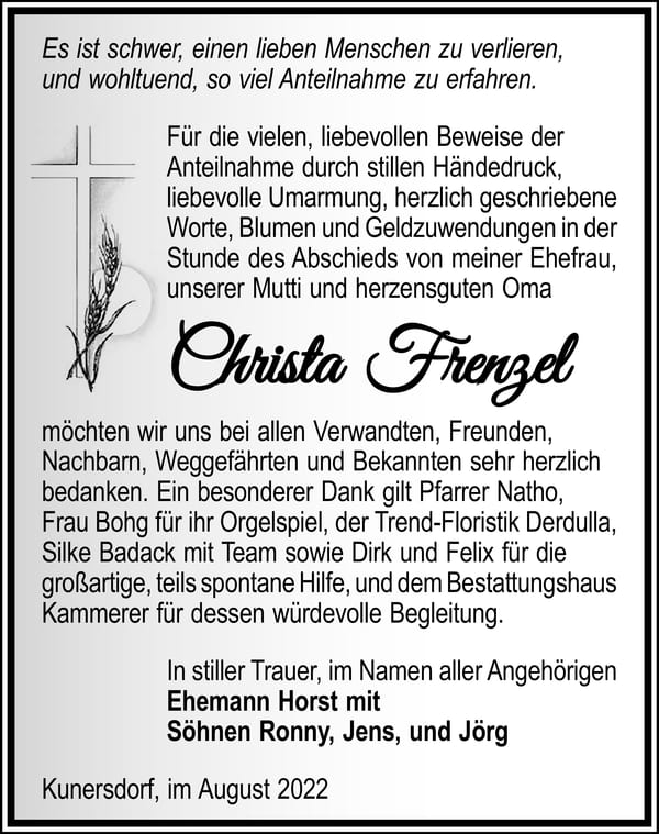 Danksagung Christa Frenzel