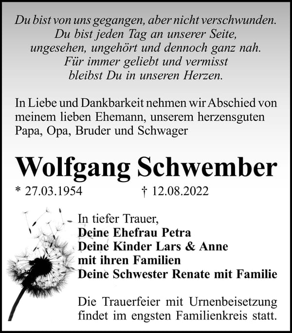 Traueranzeige Wolfgang Schwember