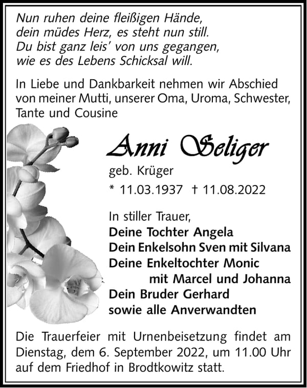 Traueranzeige Anni Seliger, geb. Krüger