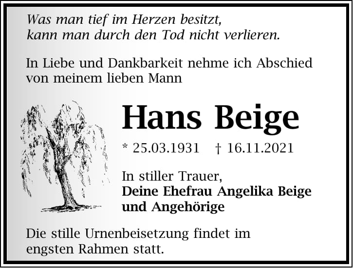 Traueranzeige Hans Beige