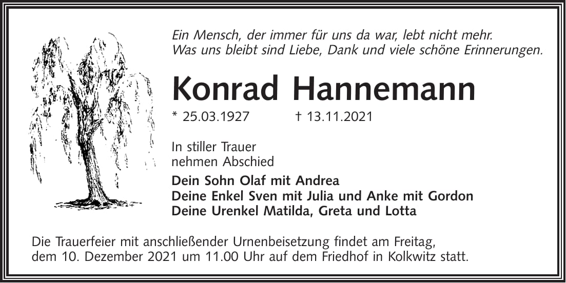 Traueranzeige Konrad Hannemann