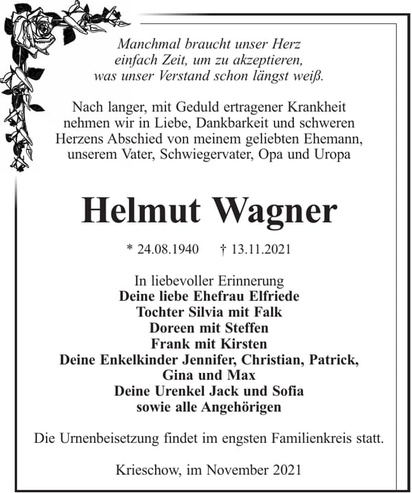 Traueranzeige Helmut Wagner