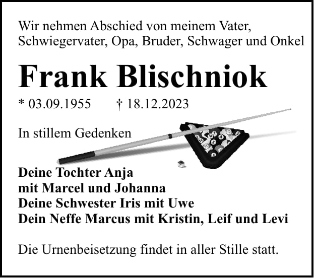 Traueranzeige Frank Blischniok