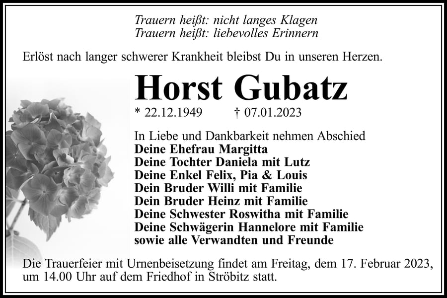 Traueranzeige Horst Gubatz