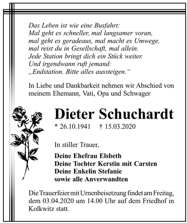 Traueranzeige Dieter Schuchardt