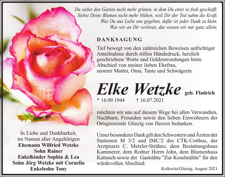 Danksagung Elke Wetzke, geb. Fladrich