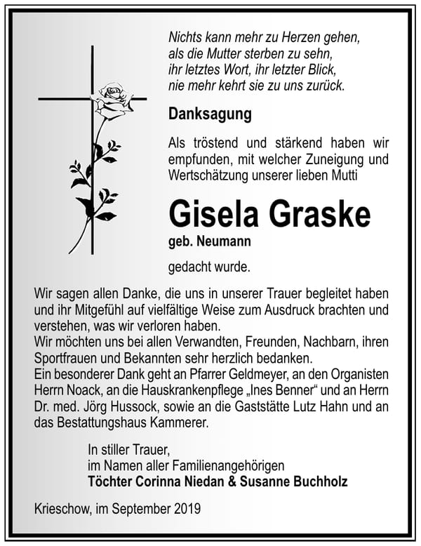 Danksagung Gisela Graske, geb. Neumann