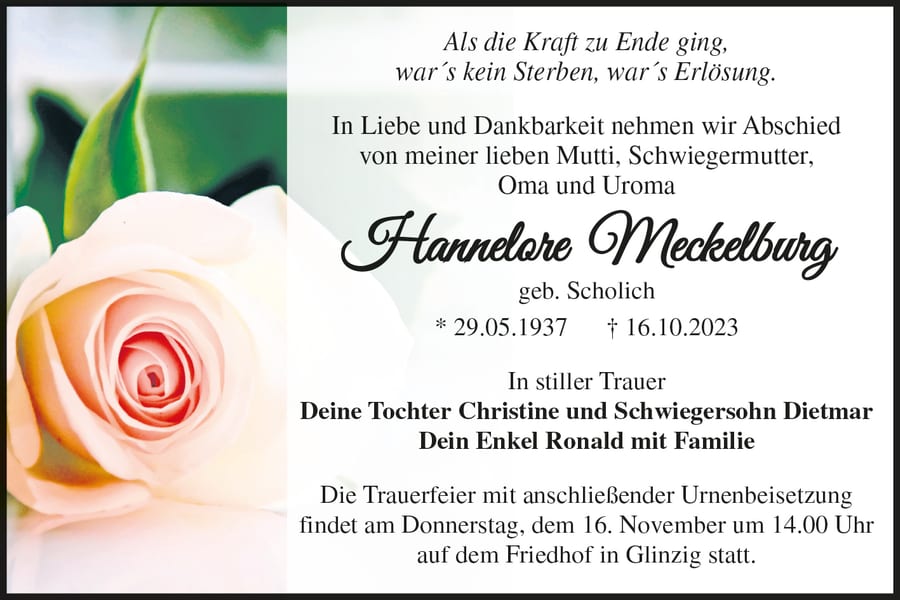 Traueranzeige Hannelore Meckelburg, geb. Scholich