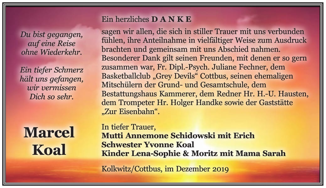 Traueranzeige Marcel Koal