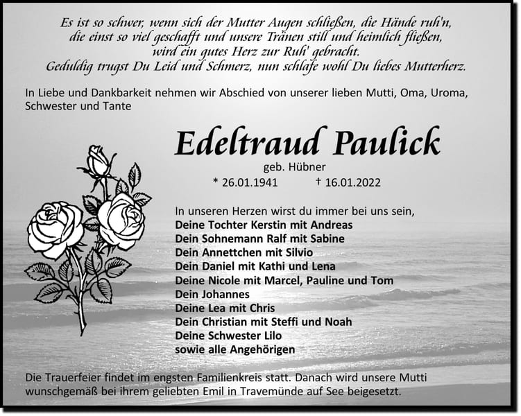 Traueranzeige Edeltraud Paulick, geb. Hübner