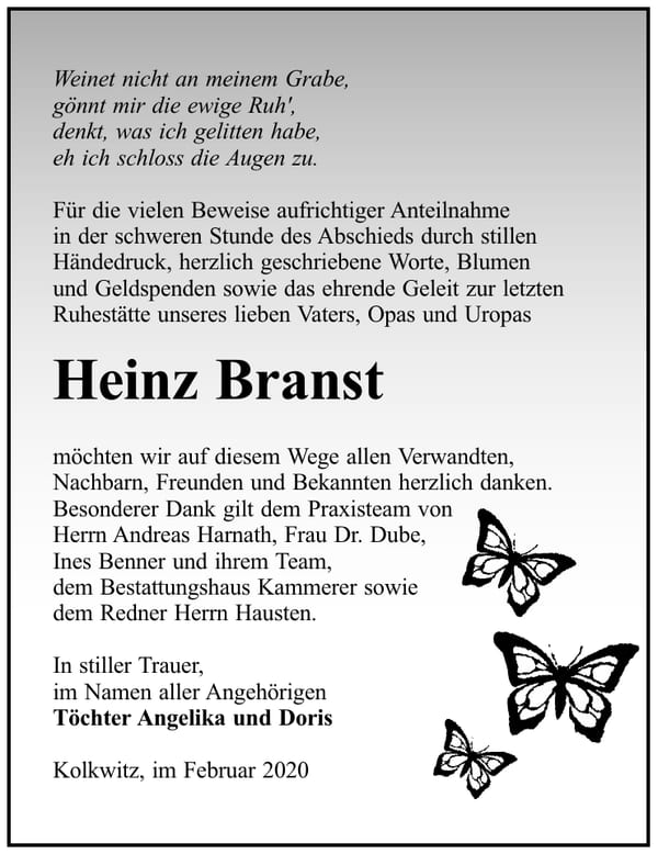 Danksagung Heinz Branst