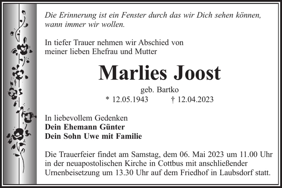 Traueranzeige Marlies Joost, geb. Bartko