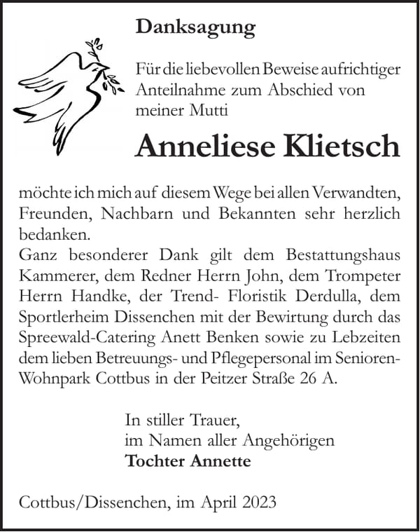 Danksagung Anneliese Klietsch