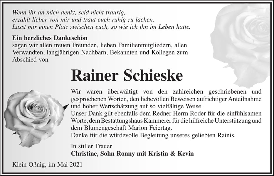 Danksagung Rainer Schieske