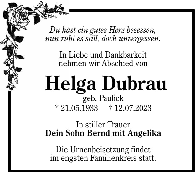Traueranzeige Helga Dubrau, geb. Paulick