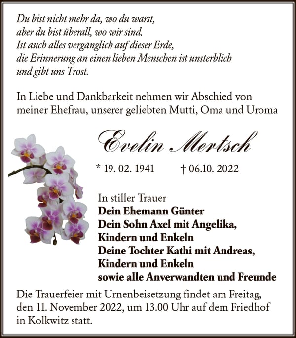 Traueranzeige Evelin Mertsch