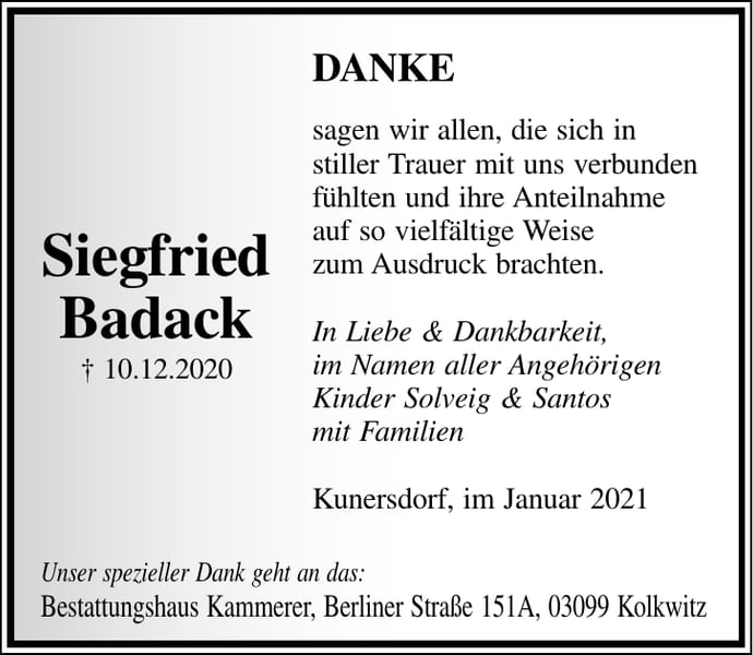 Danksagung Siegfried Badack