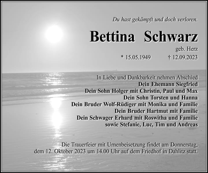 Traueranzeige Bettina Schwarz, geb. Herz