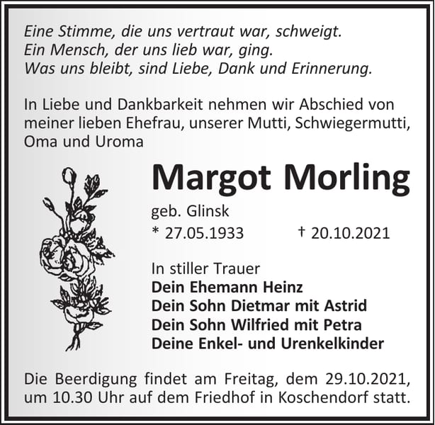 Traueranzeige Margot Morling, geb. Glinsk