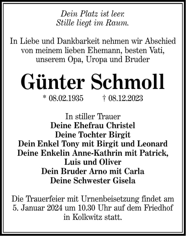 Traueranzeige Günter Schmoll