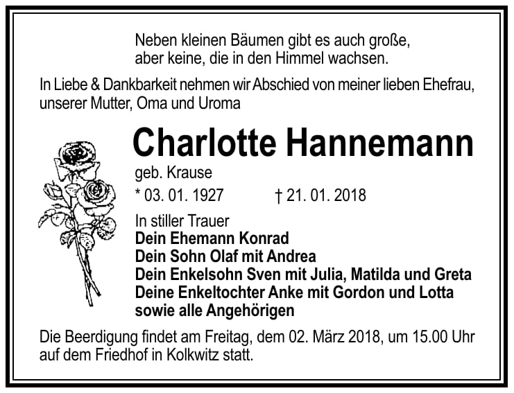 Traueranzeige Charlotte Hannemann, geb. Krause