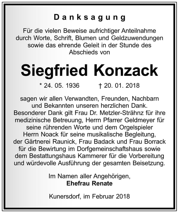 Danksagung Siegfried Konzack