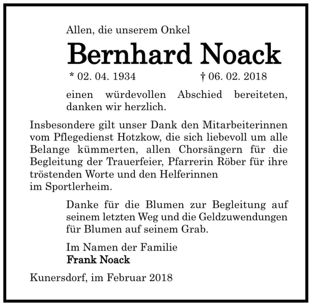 Danksagung Bernhard Noack