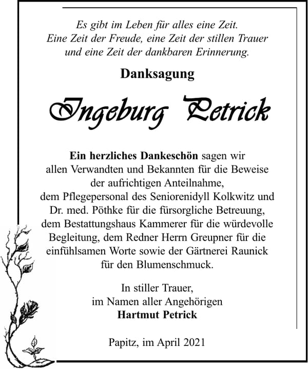 Danksagung Ingeburg Petrick