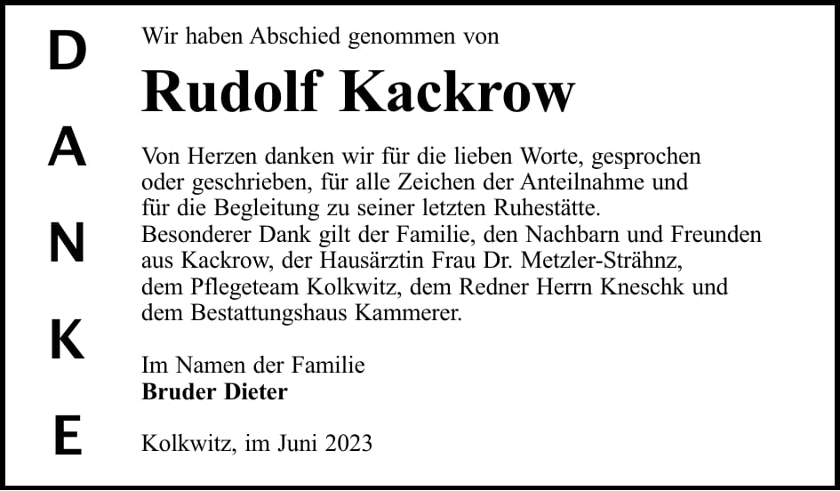 Danksagung Rudolf Kackrow