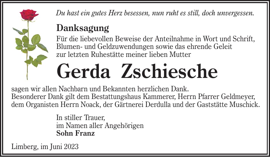 Danksagung Gerda Zschiesche