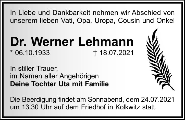 Traueranzeige Dr. Werner Lehmann