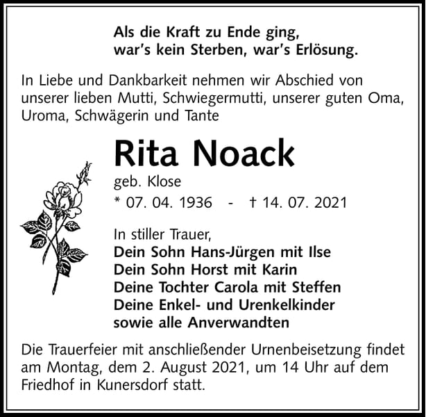 Traueranzeige Rita Noack, geb. Klose