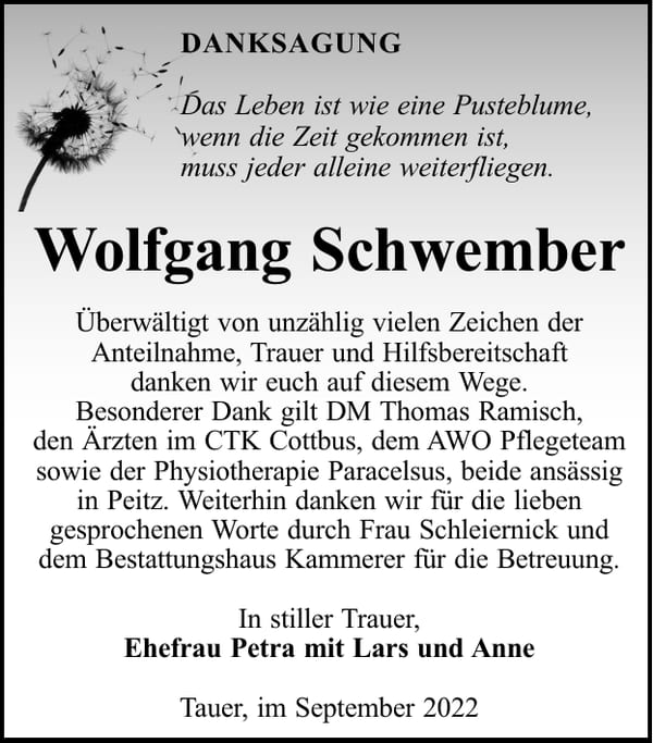 Danksagung Wolfgang Schwember