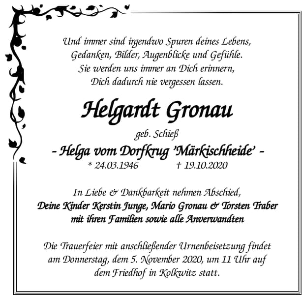 Traueranzeige Helgardt Gronau, geb. Schieß
