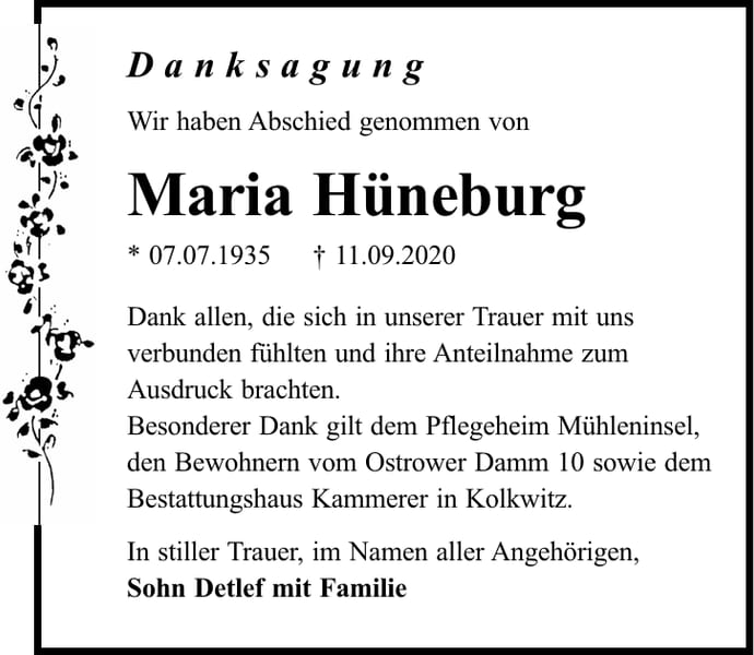 Danksagung Maria Hüneburg