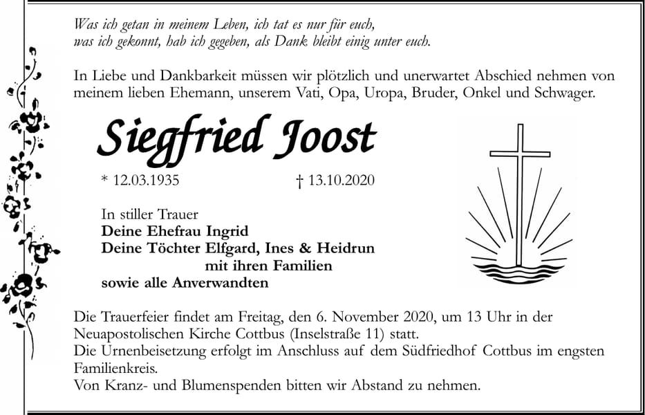 Traueranzeige Siegfried Joost