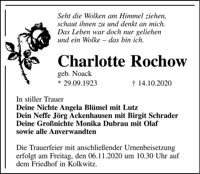 Traueranzeige Charlotte Rochow, geb. Noack