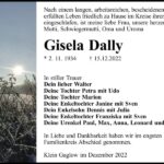 Traueranzeige Gisela Dally