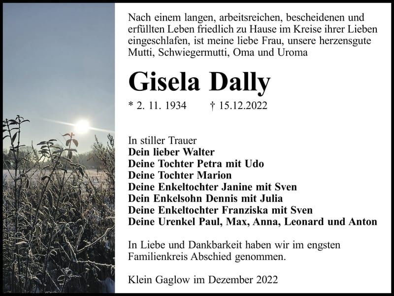 Traueranzeige Gisela Dally