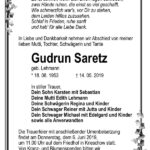 Traueranzeige Gudrun Saretz, geb. Lehmann