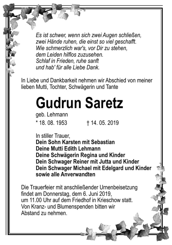 Traueranzeige Gudrun Saretz, geb. Lehmann