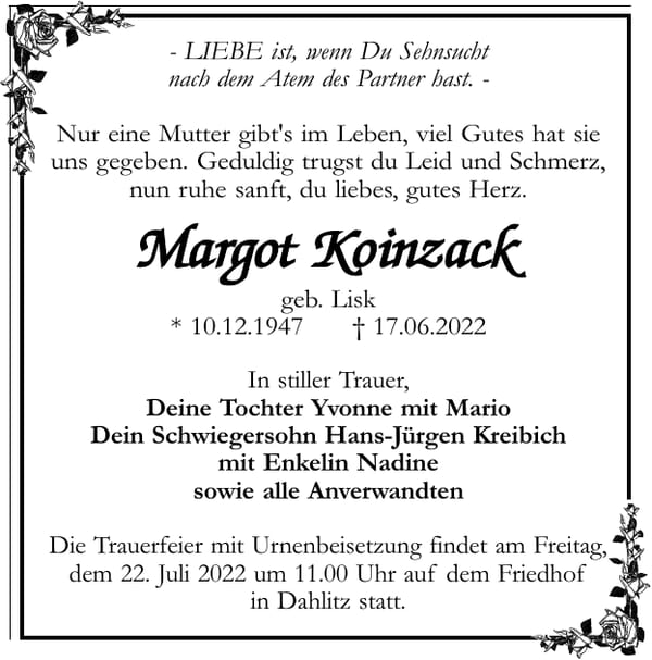 Traueranzeige Margot Koinzack, geb. Lisk
