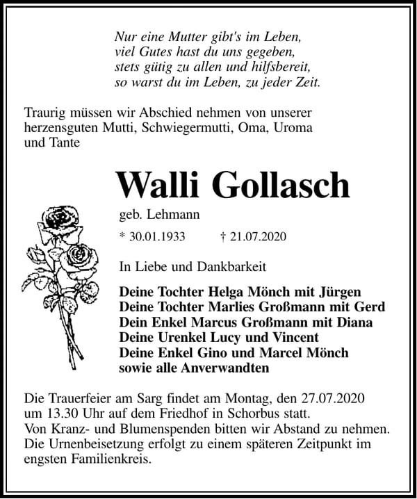 Traueranzeige Walli Gollasch, geb. Lehmann