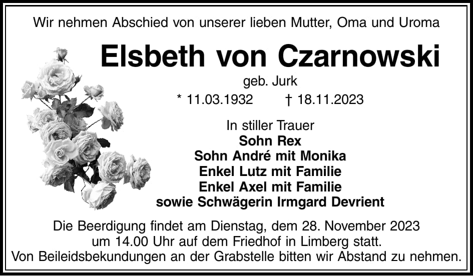 Traueranzeige Elsbeth von Czarnowski, geb. Jurk